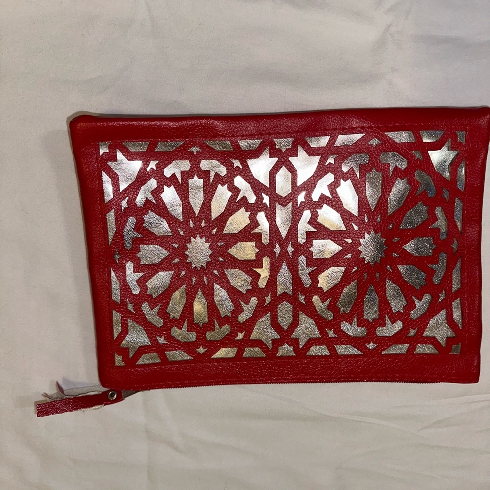 Authentic Moroccan Red Laser-Cut Metallic Inset Clutch